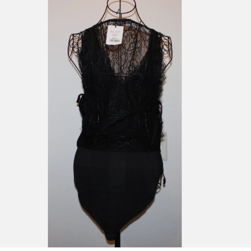 Black Sleeveless Bodysuit Side Tie Top Lace Shirt Blouse NWT S Whimsigoth